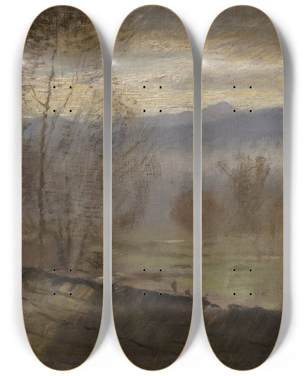 Triptych art skateboard deck of Ladislav Mednynszky Early Evening Landscape With A River by Ladislav Mednyanszky (1852-1919)