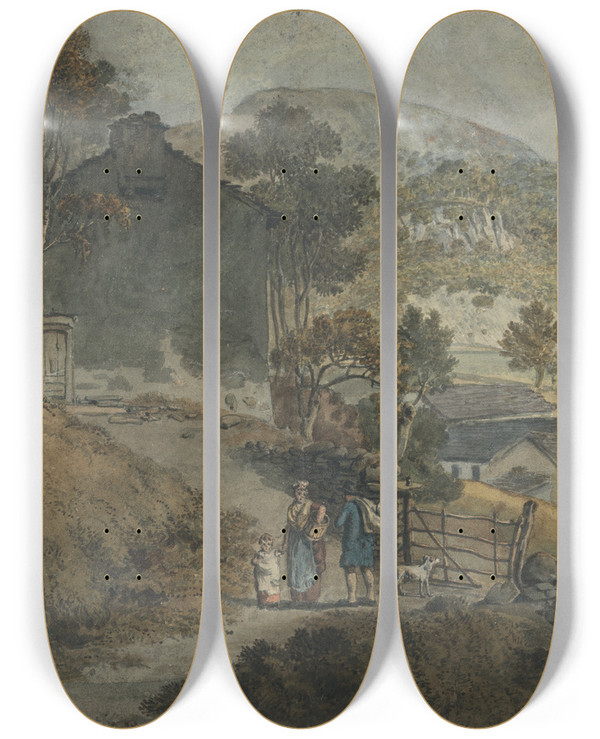 Triptych art skateboard deck of James Ward Landscape With Cottages And Figures by James Ward (1769-1859)