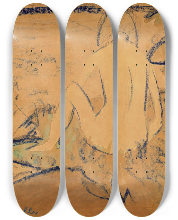 Triptych art skateboard deck of Otto Mueller Sitzender Rckenakt Am Ufer by Otto Mueller (1874-1930)