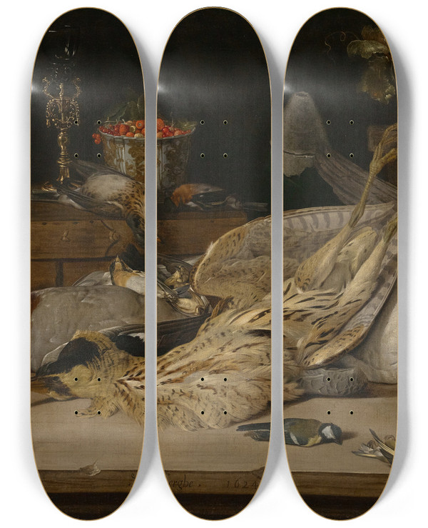 Triptych art skateboard deck of Christoffel Van Den Berghe Still Life With Dead Birds by Christoffel Van Den Berghe (1590-1628)