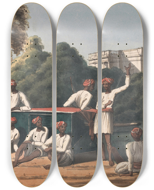 Triptych art skateboard deck of John Gantz Palankeen Bearers by John Gantz