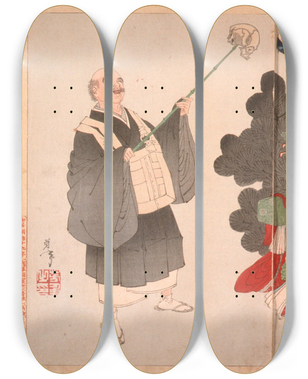 Triptych art skateboard deck of Tsukioka Yoshitoshi The Story Of The Courtesan Jigokuday And Priest Ikky by Tsukioka Yoshitoshi (1839-1892)