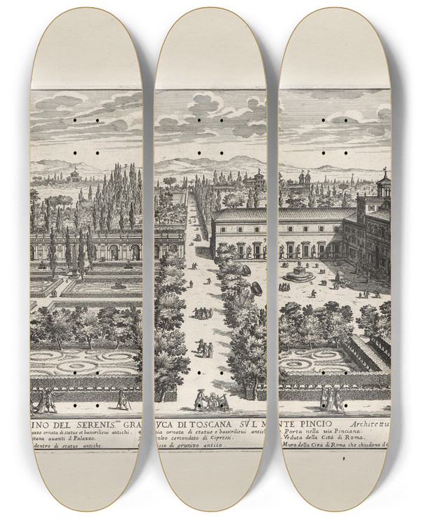 Triptych art skateboard deck of Giovanni Battista Falda Li Giardini Di Roma Con Le Loro Piante Alzate E Vedvte In Prospettiva Pl06 by Giovanni Battista Falda (1643-1678)
