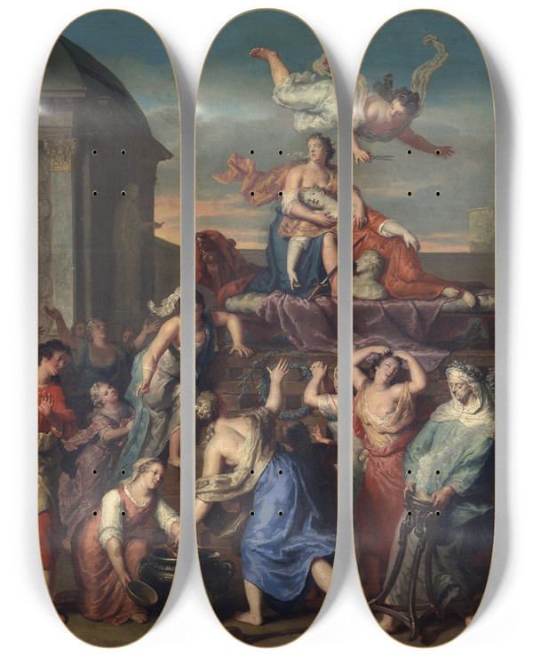 Triptych art skateboard deck of Gerard Hoet Death Of Dido by Gerard Hoet (1648-1733)