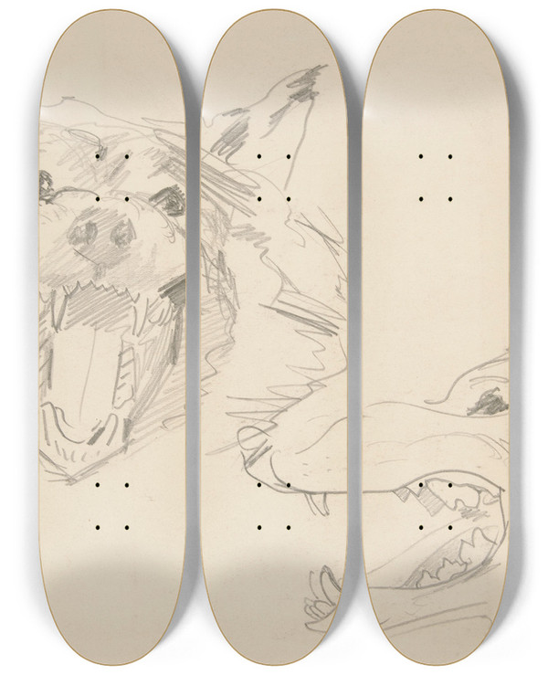 Triptych art skateboard deck of John Singer Sargent Two Views Of A Wolfshead by John Singer Sargent (1856-1925)