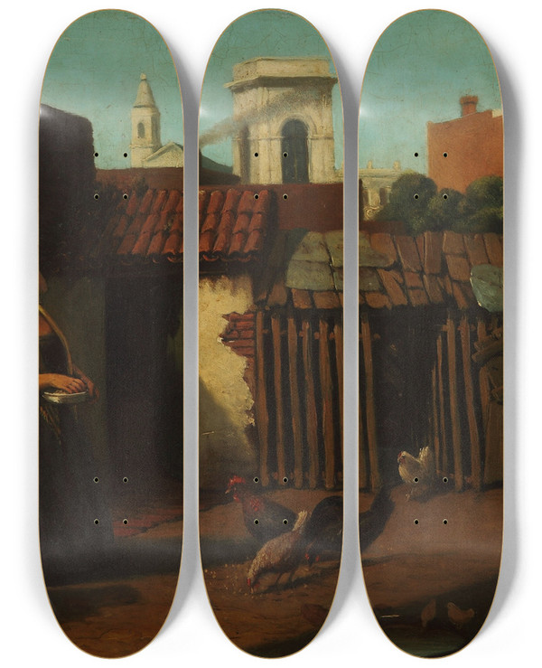 Triptych art skateboard deck of Prilidiano Pueyrredn Patio Porteo En 1850 by Prilidiano Pueyrredon (1823-1870)