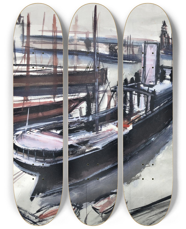 Triptych art skateboard deck of Otto Geigenberger Schiffe In Anzio by Otto Geigenberger (1881-1946)