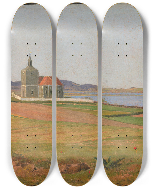 Triptych art skateboard deck of Johan Thomas Lundbye Vinderd Church Near Frederiksvrk by Johan Thomas Lundbye (1818-1848)