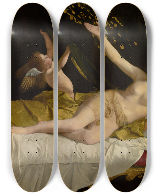 Triptych art skateboard deck of Orazio Gentileschi Dana And The Shower Of Gold by Orazio Gentileschi (1563-1639)