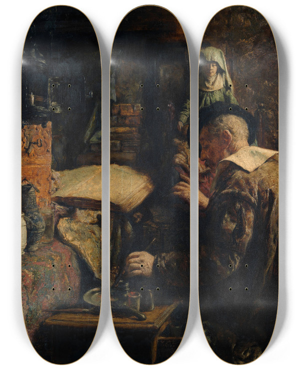 Triptych art skateboard deck of Lon Brunin The Retoucher by Leon Brunin (1861-1949)