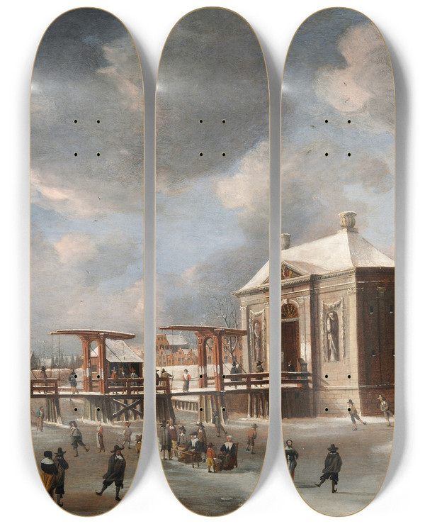 Triptych art skateboard deck of Jan Abrahamsz Beerstraaten The Heiligewegs Gate Amsterdam by Jan Abrahamsz Beerstraaten (1622-1666)