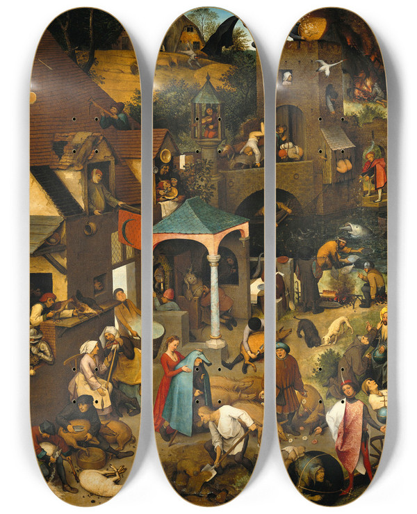 Triptych art skateboard deck of Pieter Bruegel The Elder Netherlandish Proverbs by Pieter Bruegel The Elder (1525-1569)