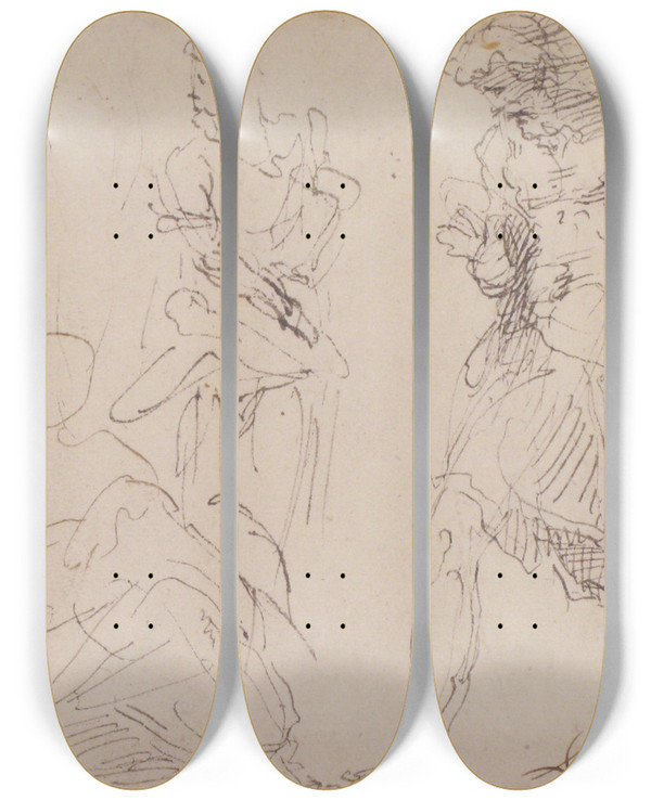 Triptych art skateboard deck of Francesco Curia Standing And Seated Figures by Francesco Curia (1538-1610)
