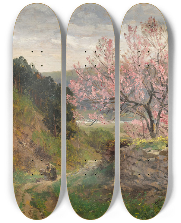 Triptych art skateboard deck of Hugo Darnaut Spring by Hugo Darnaut (1850-1937)