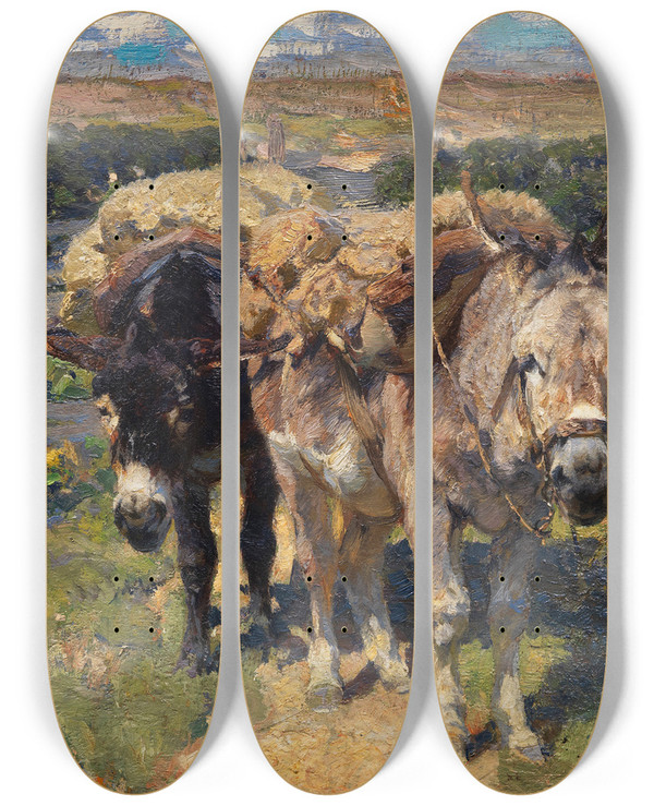 Triptych art skateboard deck of Heinrich Von Zgel Zwei Esel by Heinrich Von Zugel (1850-1941)