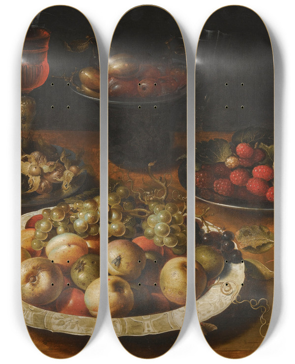 Triptych art skateboard deck of Osias Beert The Elder A Still Life Of Apples And Grapes In A Blueandwhite Porcelain Bowl by Osias Beert The Elder (1580-1624)