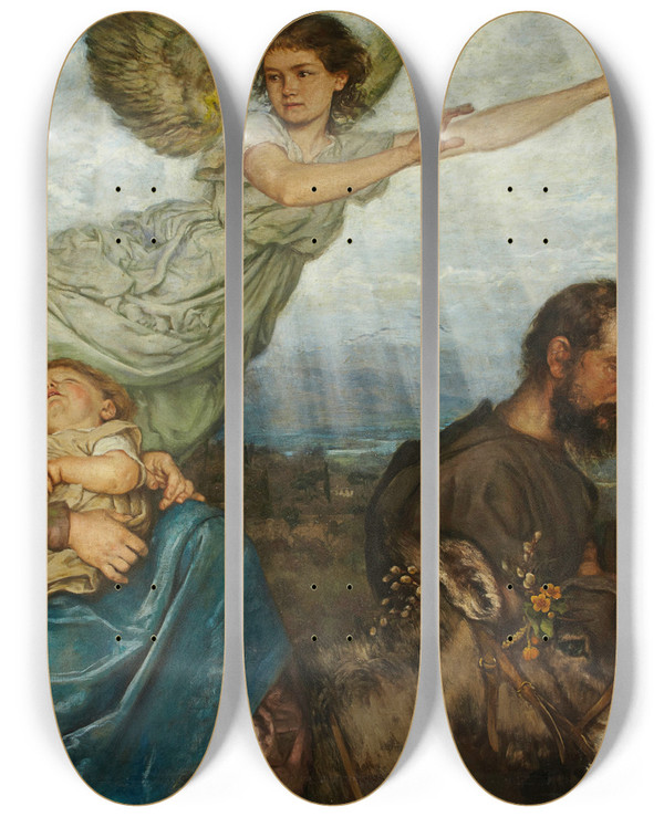 Triptych art skateboard deck of Hans Thoma The Flight Into Egypt by Hans Thoma (1839-1924)