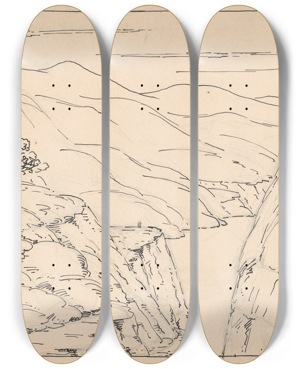 Triptych art skateboard deck of Herbert Crowley A River Landscape With Steep Cliffs by Herbert Crowley (1873-1937)