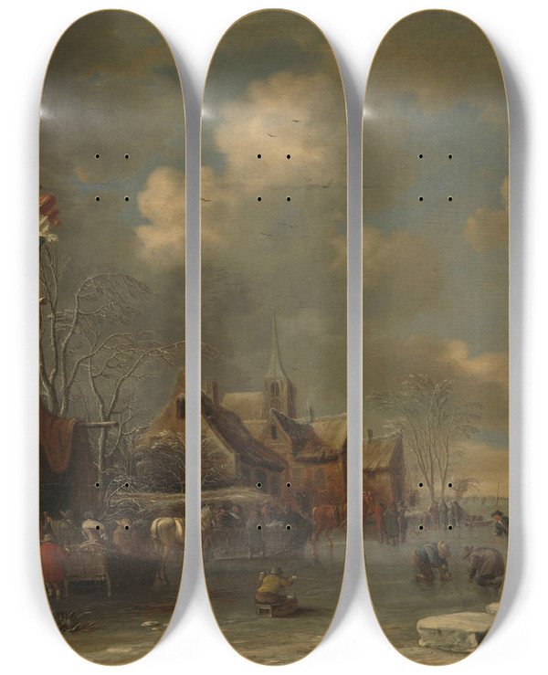 Triptych art skateboard deck of Thomas Heeremans Enjoying The Ice by Thomas Heeremans (1641-1694)