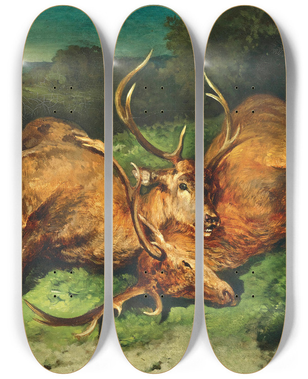 Triptych art skateboard deck of Franz Xaver Von Pausinger Verendete Hirsche by Franz Xaver von Pausinger (1839-1915)