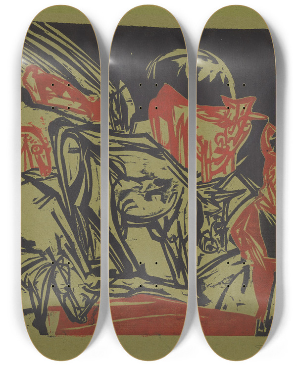 Triptych art skateboard deck of Ernst Ludwig Kirchner Kuhherde Mit Einem Hirten by Ernst Ludwig Kirchner (1880-1938)