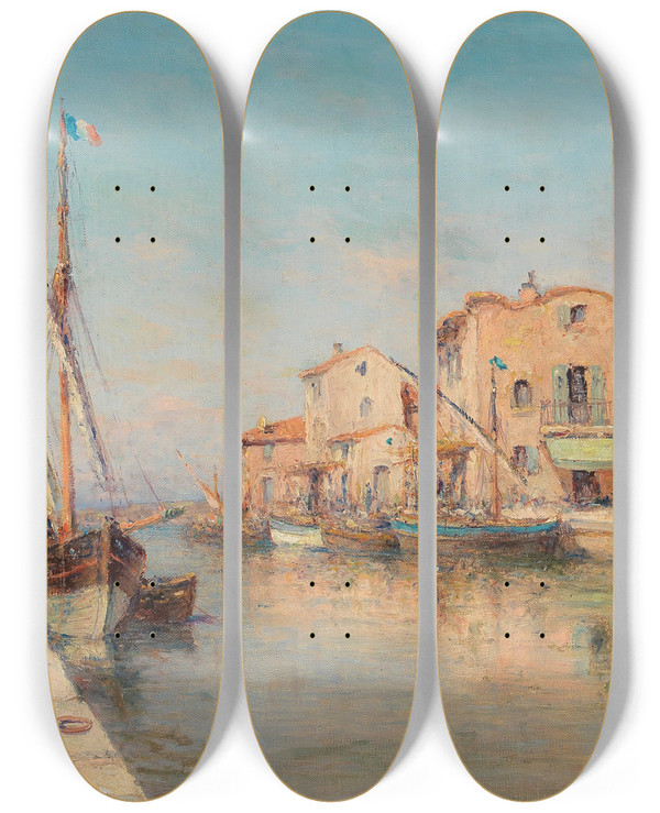 Triptych art skateboard deck of Charles Malfroy A Sunny Day In A Harbour City by Charles Malfroy (1862-1918)