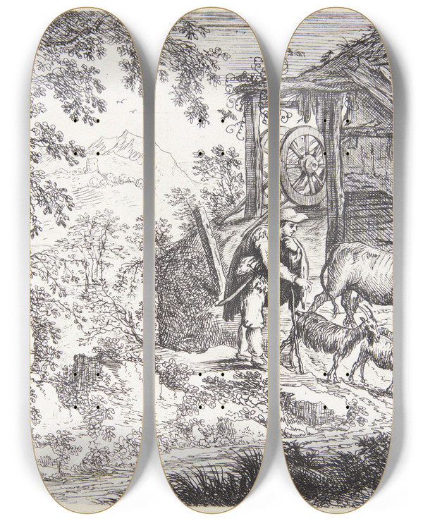 Triptych art skateboard deck of Cornelis Matthieu Landskab Med En Hyrde Med To Ker Og Fire Geder by Cornelis Matthieu