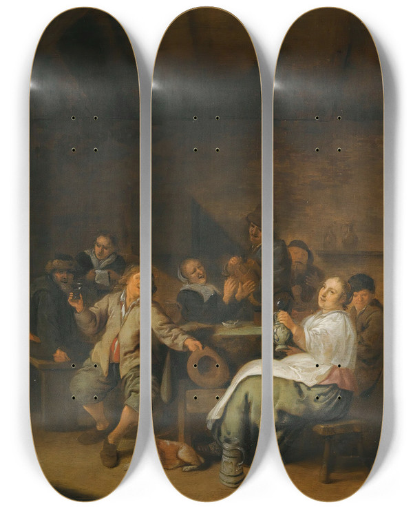 Triptych art skateboard deck of Jan Miense Molenaer Merry Company In An Inn by Jan Miense Molenaer (1610-1668)
