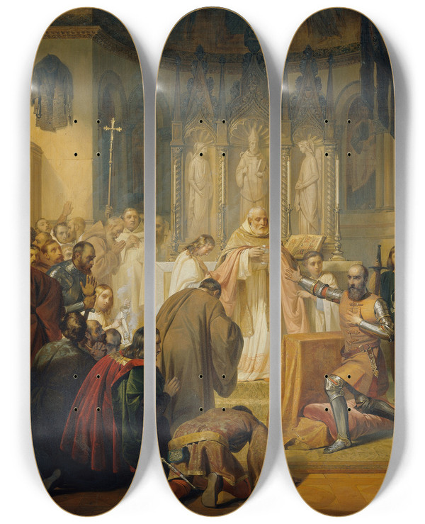 Triptych art skateboard deck of Lodovico Lipparini Vittore Pisani Empfngt Das Heilige Abendmahl Bevor Er Das Kommando Einer Expedition Gegen Die Genuesen Bernimmt by Lodovico Lipparini (1800-1856)