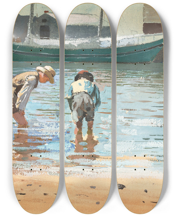 Triptych art skateboard deck of Winslow Homer Boys Wading by Winslow Homer (1836-1910)