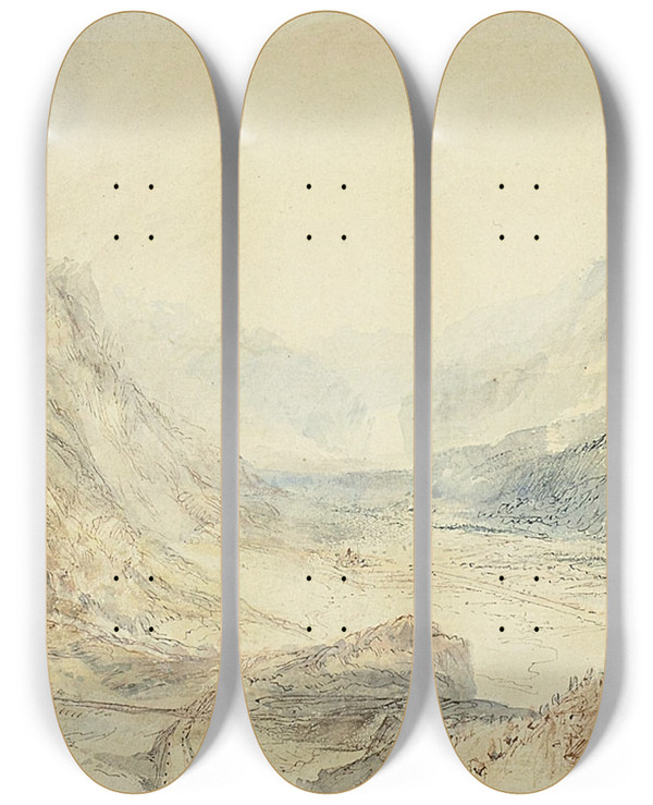 Triptych art skateboard deck of Joseph Mallord William Turner View In The St Gotthard Pass Switzerland by Joseph Mallord William Turner (1775-1851)