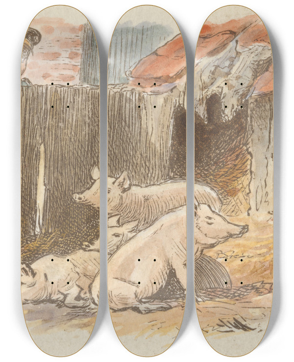 Triptych art skateboard deck of Alfred W Cooper The Farmyard Tail Piece by Alfred W Cooper