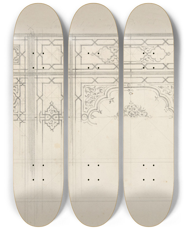 Triptych art skateboard deck of Julesedmondcharles Lachaise Design For The Decoration Of A Ceiling_1 by Jules-Edmond-Charles Lachaise (1897)