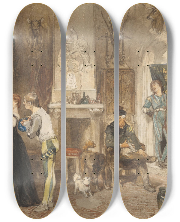 Triptych art skateboard deck of Charles Rochussen Bedienden Van Een Kasteel In Een Voorvertrek Verenigd by Charles Rochussen (1814-1894)