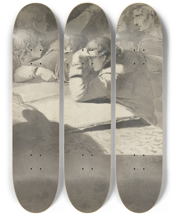 Triptych art skateboard deck of John Brown The Geographers by John Brown