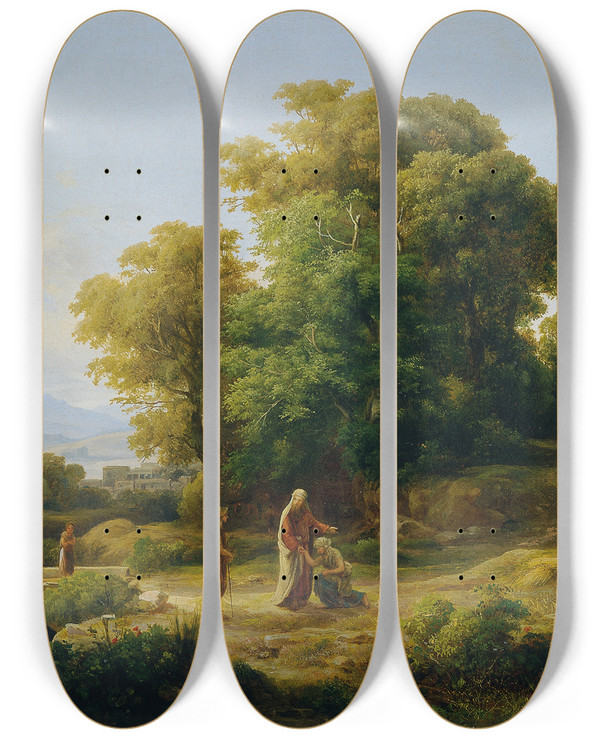 Triptych art skateboard deck of Kroly Mark Ideale Landschaft Mit Boas Und Ruth by Karoly Marko (1791-1860)