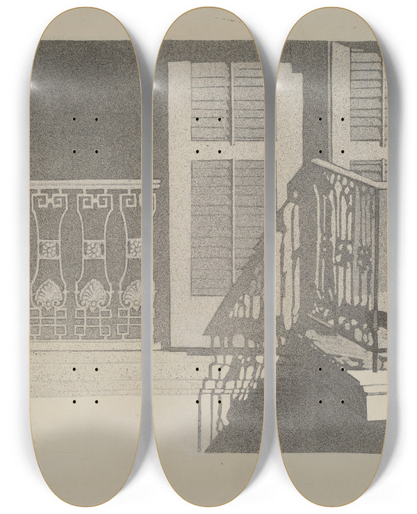 Triptych art skateboard deck of Arelia Arbo Cast Iron Balcony Rail_2 by Arelia Arbo