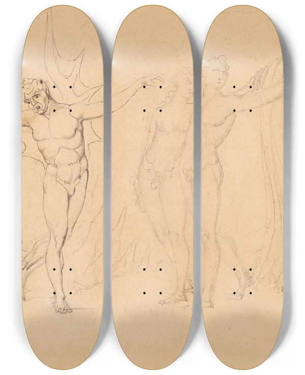 Triptych art skateboard deck of William Blake Adam And Eve Expelled From Eden by William Blake (1757-1827)