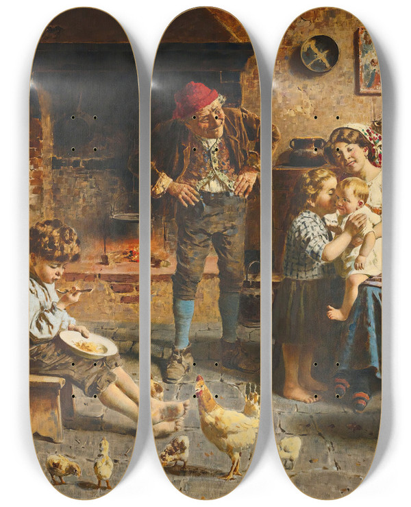 Triptych art skateboard deck of Eugenio Zampighi The New Baby by Eugenio Zampighi (1859-1944)