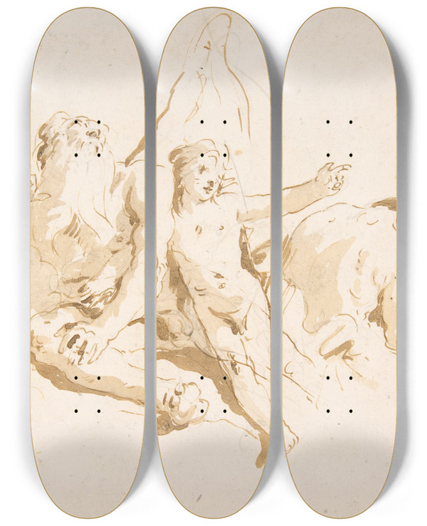 Triptych art skateboard deck of Giovanni Battista Tiepolo Time Seated With Two Attendant Figures by Giovanni Battista Tiepolo (1696-1770)
