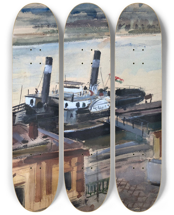 Triptych art skateboard deck of Otto Geigenberger Donaudampfer by Otto Geigenberger (1881-1946)