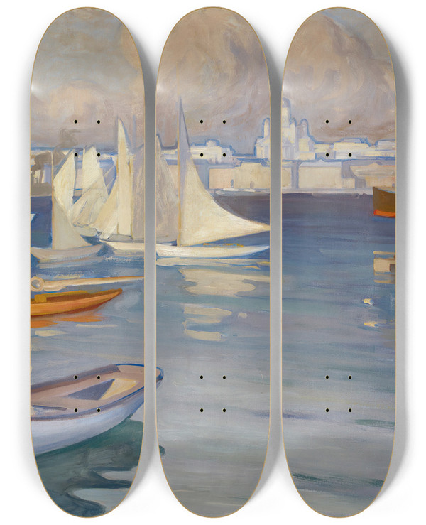 Triptych art skateboard deck of Albert Edelfelt The Nylndska Jaktklubben Harbour In Helsinki by Albert Edelfelt (1854-1905)