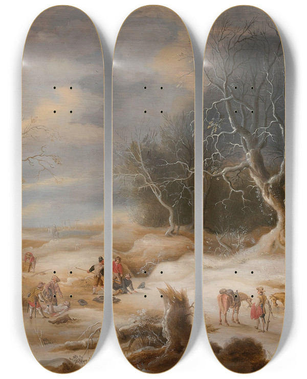 Triptych art skateboard deck of Gijsbrecht Leytens Embuscade Dans Un Paysage De Neige by Gijsbrecht Leytens (1586-1657)