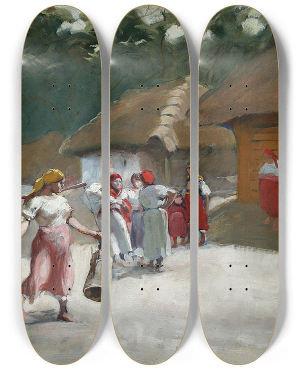 Triptych art skateboard deck of Wodzimierz Tetmajer Talking On A Rural Road by Wlodzimierz Tetmajer (1861-1923)