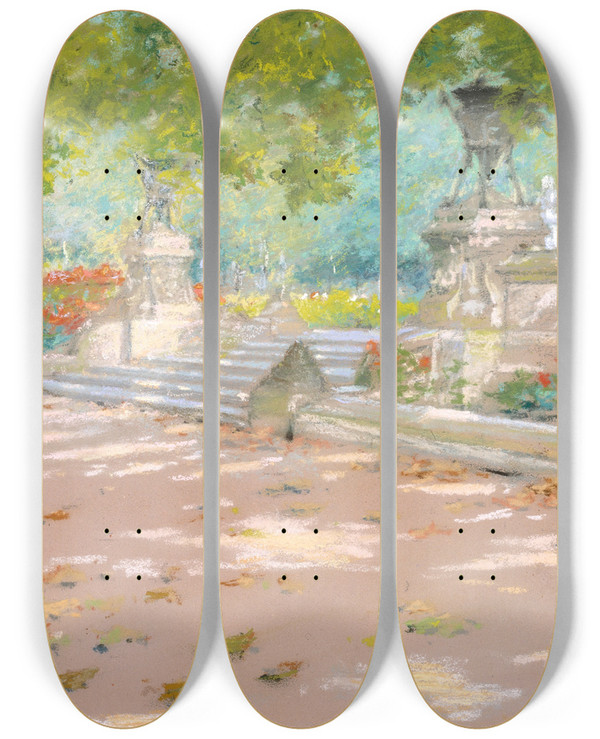 Triptych art skateboard deck of William Merritt Chase Terrace Prospect Park by William Merritt Chase (1849-1916)