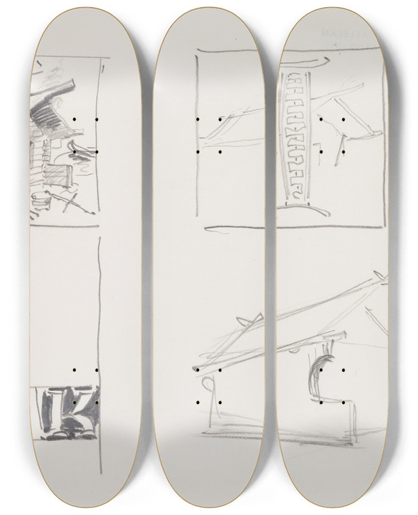 Triptych art skateboard deck of Akseli Gallenkallela The Great Kalevala Poem Xxiii Sketch by Akseli Gallen Kallela (1865-1931)