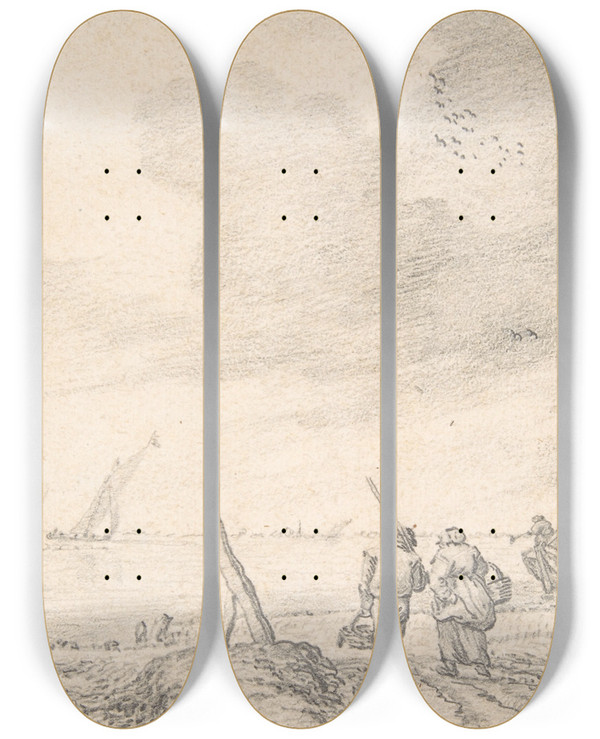 Triptych art skateboard deck of Jan Porcellis River Landscape by Jan Porcellis (1584-1632)