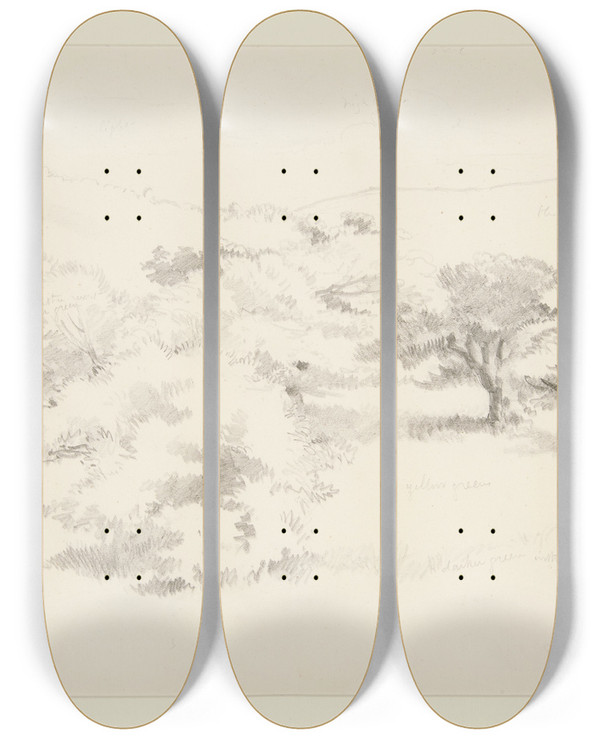 Triptych art skateboard deck of Truman Seymour Landscape Withtrees by Truman Seymour (1824-1891)