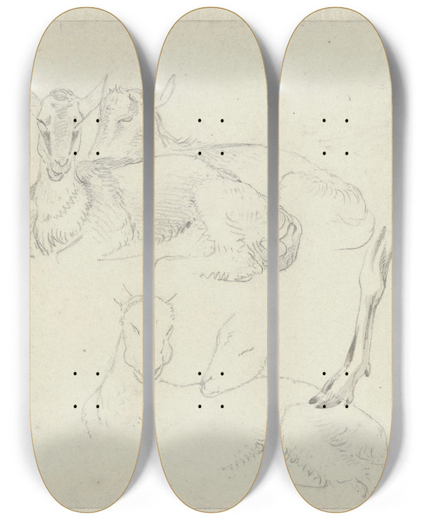 Triptych art skateboard deck of Josephus Augustus Knip Studies Of Goats by Josephus Augustus Knip (1777-1847)