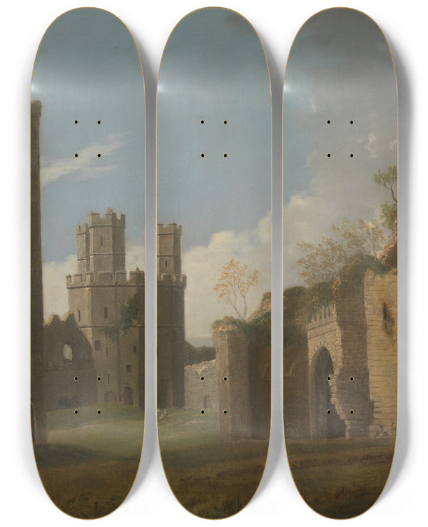 Triptych art skateboard deck of Joseph Farington Caernarvon Castle by Joseph Farington (1747-1821)